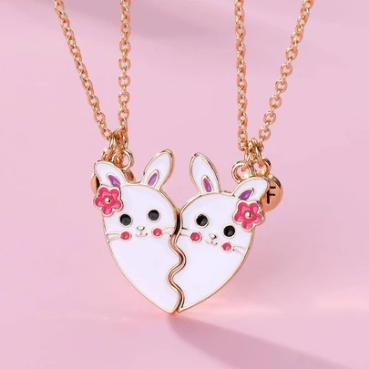 2pcs Girls' Cute Rabbit Animal Design Zinc Alloy White & Pink Oil Drop Magnetic Pendant Necklaces Set Best Friends Forever Jewelry Gift