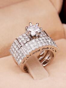 2 Pcs/Set Gorgeous Style Cubic Zirconia Ring Set For Women For Wedding Engagement Anniversary Party Band Jewelry Valentine's Day Gift - Silver - View 3