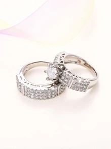 2 Pcs/Set Gorgeous Style Cubic Zirconia Ring Set For Women For Wedding Engagement Anniversary Party Band Jewelry Valentine's Day Gift - Silver - View 4