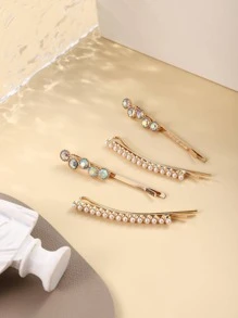 4入組女士水鑽和人造珍珠裝飾時尚邊夾適用於頭髮裝飾用品