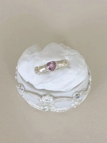 1pc Fashion Copper Cubic Zirconia Heart Decor Ring For Women For Daily Decoration - Silver - View 3