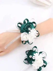 1件/6件装水晶玫瑰蕾丝腕花新娘伴娘婚礼腕带情人节配饰 - 墨綠色 - 查看 2