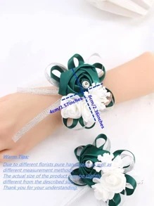 1件/6件装水晶玫瑰蕾丝腕花新娘伴娘婚礼腕带情人节配饰 - 墨綠色 - 查看 7