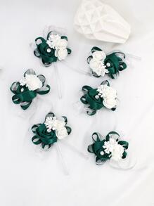 1件/6件装水晶玫瑰蕾丝腕花新娘伴娘婚礼腕带情人节配饰 - 墨綠色 - 查看 6