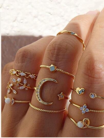 10pcs Fashionable Moon, Star, Leaf, Heart Rhinestone Knuckle Rings Set, Gold-Tone