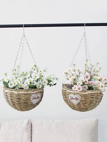 1pc Heart Decor Straw Hanging Planter Basket - Multicolor - View 6