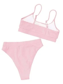 High Waisted Tummy Control Ribbed Bikini Crop Top Brazilian Swimsuit Set 2 Piece - Pink - View 3