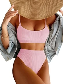 High Waisted Tummy Control Ribbed Bikini Crop Top Brazilian Swimsuit Set 2 Piece - Pink - View 1