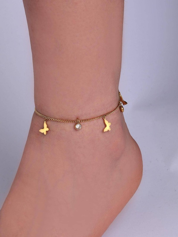 1pc Rhinestone & Butterfly Charm Anklet, Stainless Steel Jewelry SHEIN USA