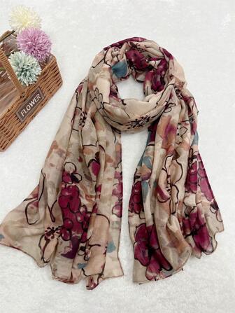 1 pieza Pañuelo con estampado floral, estilo vintage, de gasa transpirable para mujer, accesorio elegante para uso al aire libre, protector contra el viento, toalla de playa delgada para viajes, ideal para otoño e invierno