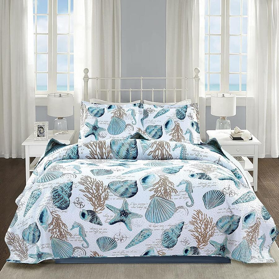 Beach Theme Quilt Set Lightweight Coastal Bedspreads Ocean Theme ...