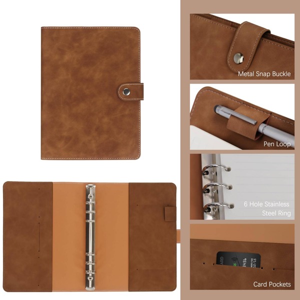 Leather A5 Ring Binder Notebook, 6 Ring A5 Binder with A5 Refill Papers, Binder Pockets and