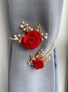 1pc Flower & Faux Pearl Decor Curtain Holdback - Red - View 1