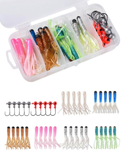 GOTURE طقم طعم ناعم ملون وخطاف رصاصي، طقم طعم بلاستيك ناعم، طعوم مغلفة بصناديق مع خطافات