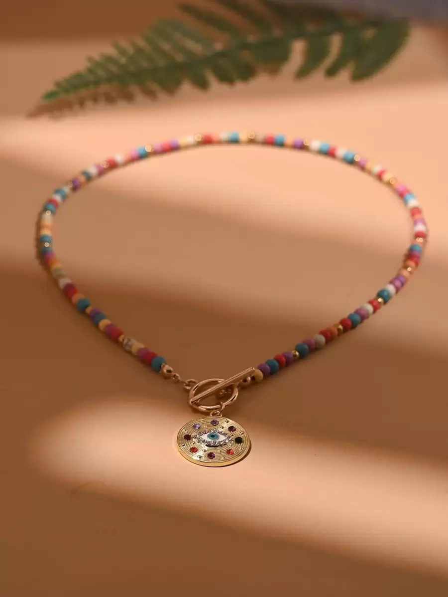 Eye Charm Beaded Necklace - Multicolor - View 1