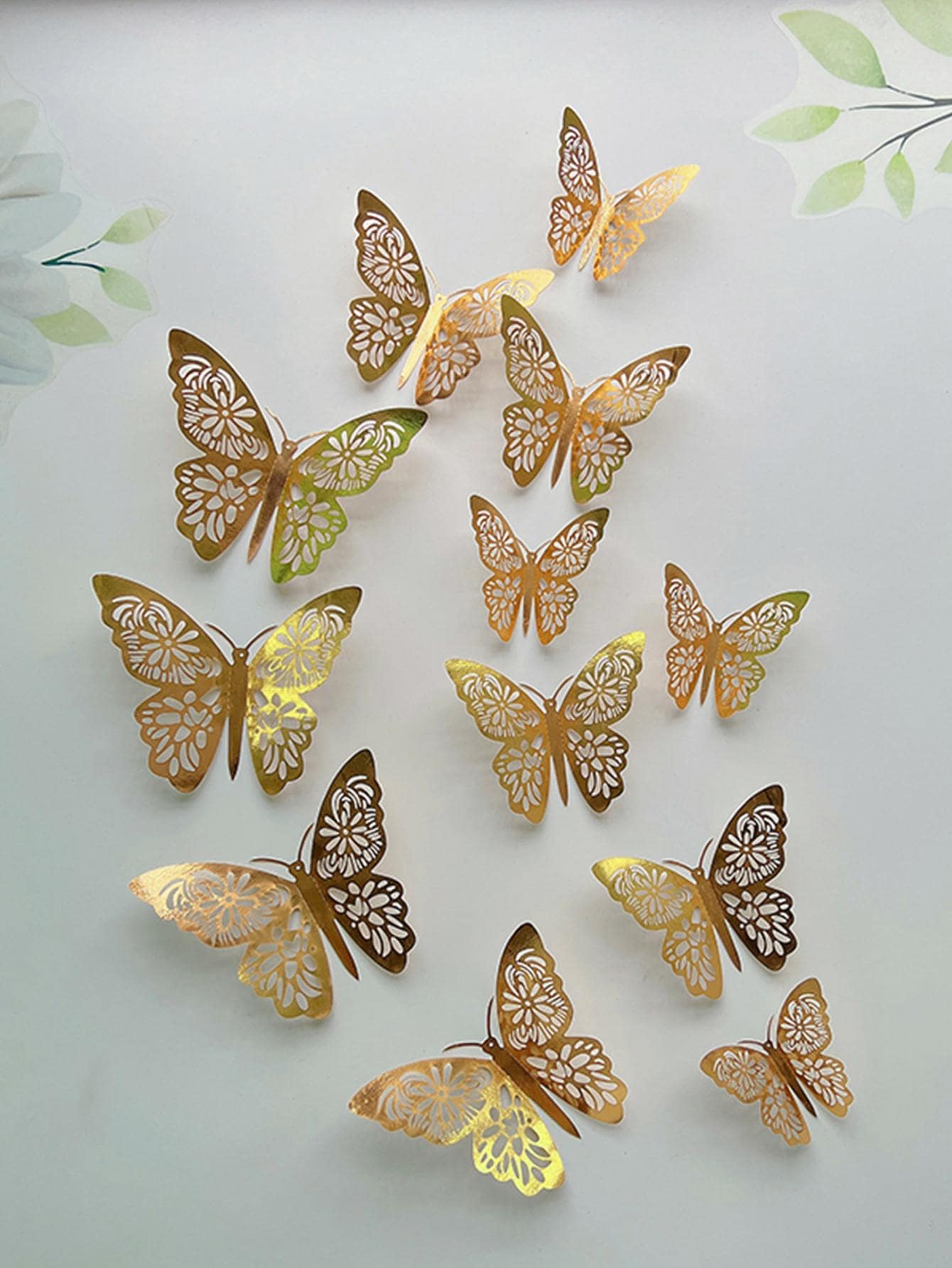 12 piezas/set Pegatina papel creativo con mariposa moderno hueco con mariposa 3D para casa - Dorado - Ver 1