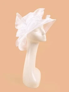 1頂歐根紗亮片肯塔基羽毛飾帽,女士寬邊新娘茶會婚禮帽子遮陽帽 - 白色 - 查看 3