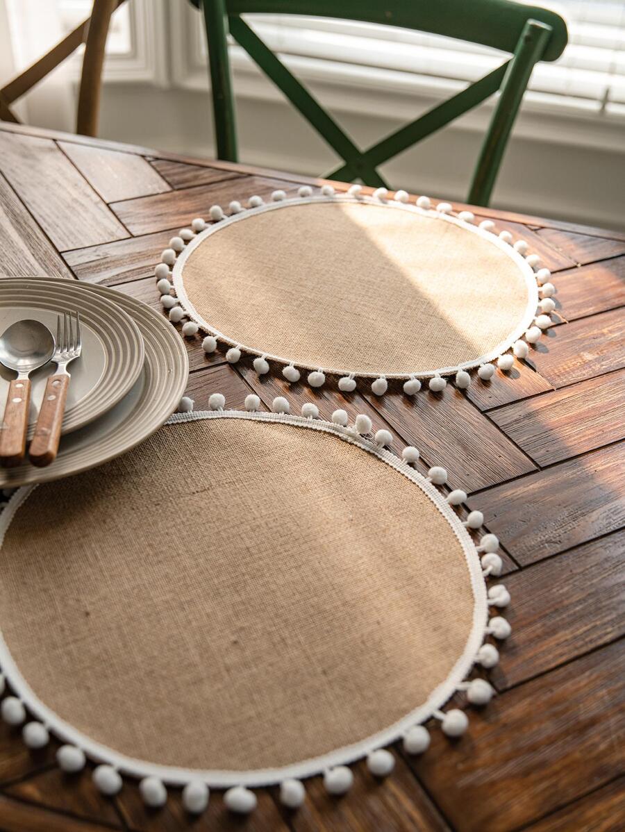 1pc Pom Pom Decor Place Mat, Round Table Mat, For Dining Table - Multicolor - View 1