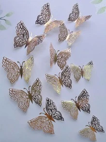 12pcs/set Paper Room Decorating Creative Butterfly Sticker, Modern Hollow 3D Butterfly Sticker For Home - Gold - View 1