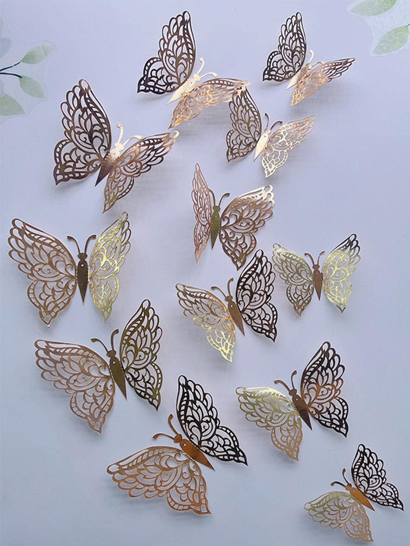 12pcs/set Paper Room Decorating Creative Butterfly Sticker, Modern Hollow 3D Butterfly Sticker For Home - Gold - View 1