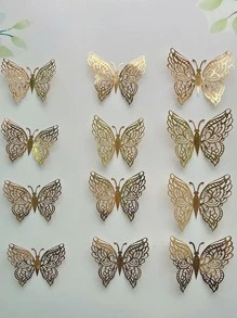 12pcs/set Paper Room Decorating Creative Butterfly Sticker, Modern Hollow 3D Butterfly Sticker For Home - Gold - View 2