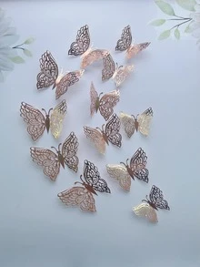 12pcs Hollow 3D Butterfly Sticker, Rose Gold Paper Wall Art Butterfly Decor, For Home Decor - Rose Gold - View 1