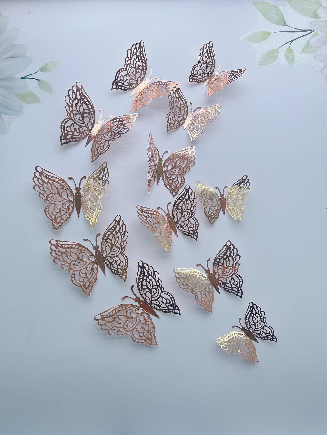 12pcs Hollow 3D Butterfly Sticker, Rose Gold Paper Wall Art Butterfly Decor, For Home Decor - Rose Gold - View 1