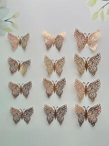 12pcs Hollow 3D Butterfly Sticker, Rose Gold Paper Wall Art Butterfly Decor, For Home Decor - Rose Gold - View 2