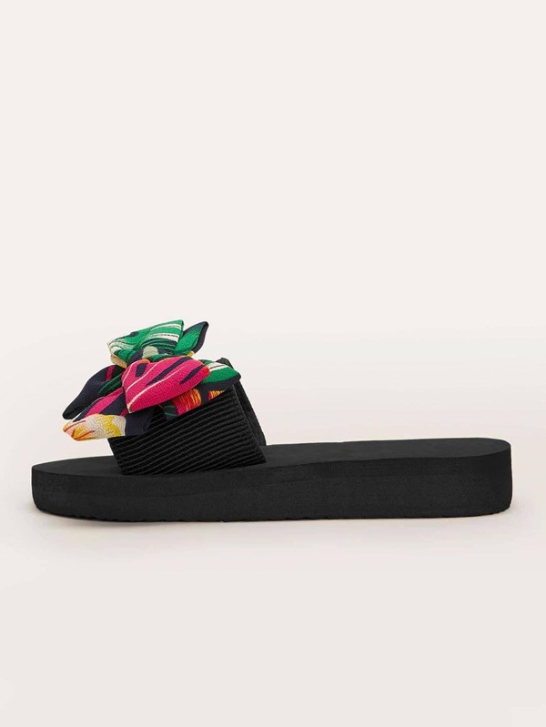 Women Tropical Print Bow Decor Slides,Vacation Polyester Outdoor Slides