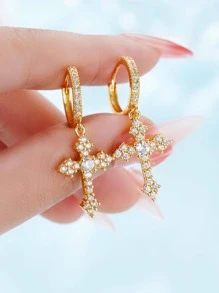 1 Pair Fashion Cubic Zirconia Cross Drop Earrings For Women For Wedding Engagement Anniversary Party Jewelry Valentine's Day Gift,Mom,Mother,Mother's Day,Gift - Yellow Gold - View 9