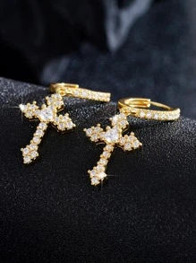 1 Pair Fashion Cubic Zirconia Cross Drop Earrings For Women For Wedding Engagement Anniversary Party Jewelry Valentine's Day Gift,Mom,Mother,Mother's Day,Gift - Yellow Gold - View 4