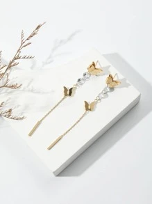 1雙時尚經典奢華水鑽蝴蝶掛耳式耳環適合女士,不銹鋼 - 金黃色 - 查看 2