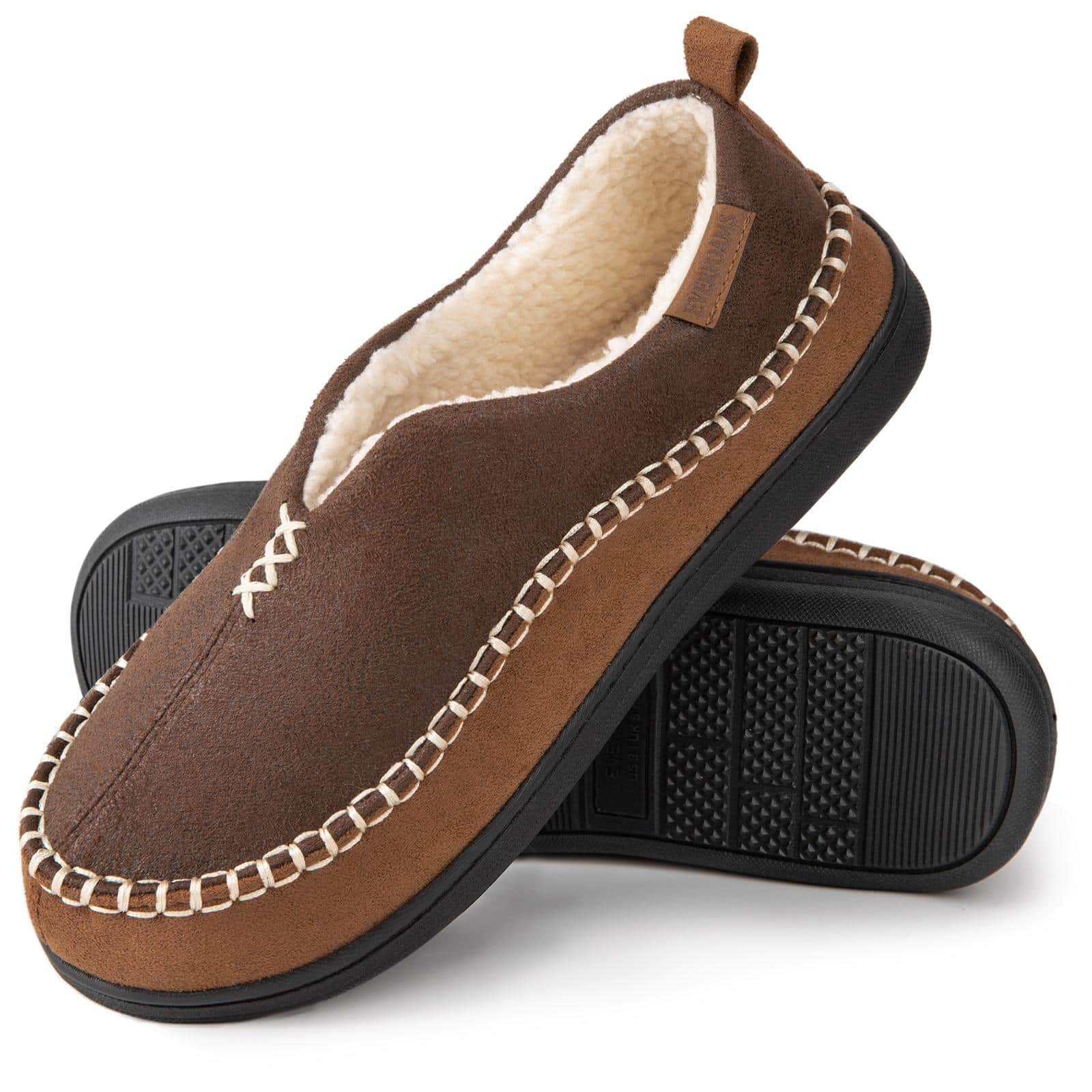 EverFoams Men's Moccasin Slippers Memory Foam Indoor/Outdoor Warm Suede House Shoes With Fuzzy Sherpa Lining - Café - Visão 1