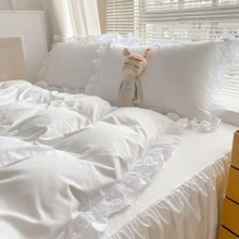MOOWOO Chic Ruffle Lace Polyester Duvet Cover Set -Girl Pink Bedding-2 Piece Twin Duvet Cover With Zipper Closure -Ultra Soft And Light Weight