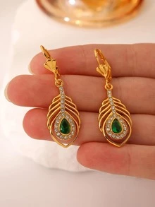 水鑽水滴形耳墜 - 金色 - 查看 1