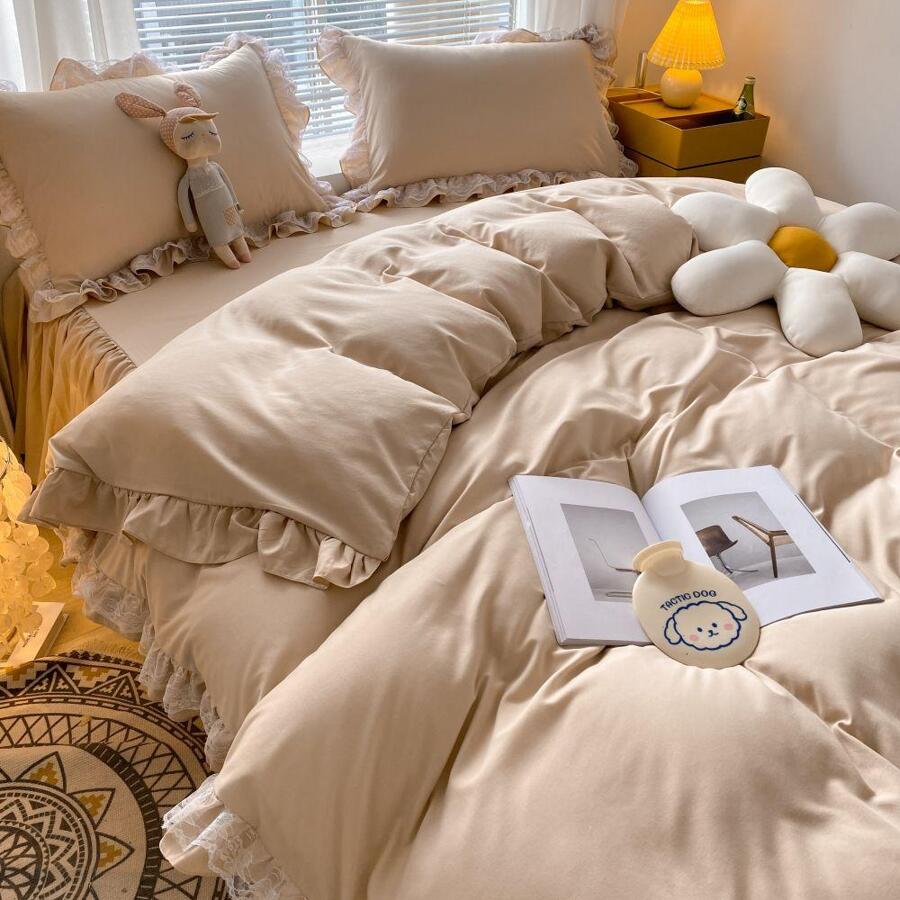 MOOWOO Chic Ruffle Lace Polyester Duvet Cover Set -Girl Pink Bedding-2 Piece Twin Duvet Cover With Zipper Closure -Ultra Soft And Light Weight - Rượu sâm banh - Xem 1