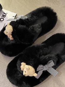 Dép Đi Trong Nhà Thời Trang Cho Nữ, Hình Gấu Hoạt Hình & Nơ Trang Trí Dép Đi Trong Nhà - màu đen - Xem 2