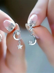 Rhinestone Decor Moon & Star Drop Earrings - Silver - View 1