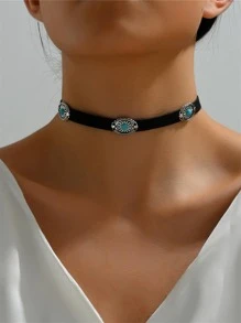1pc Bohemian Style Black Short Vintage Silver Metallic Flower Necklace With Turquoise Pendant For Women's Daily Wear Valentines