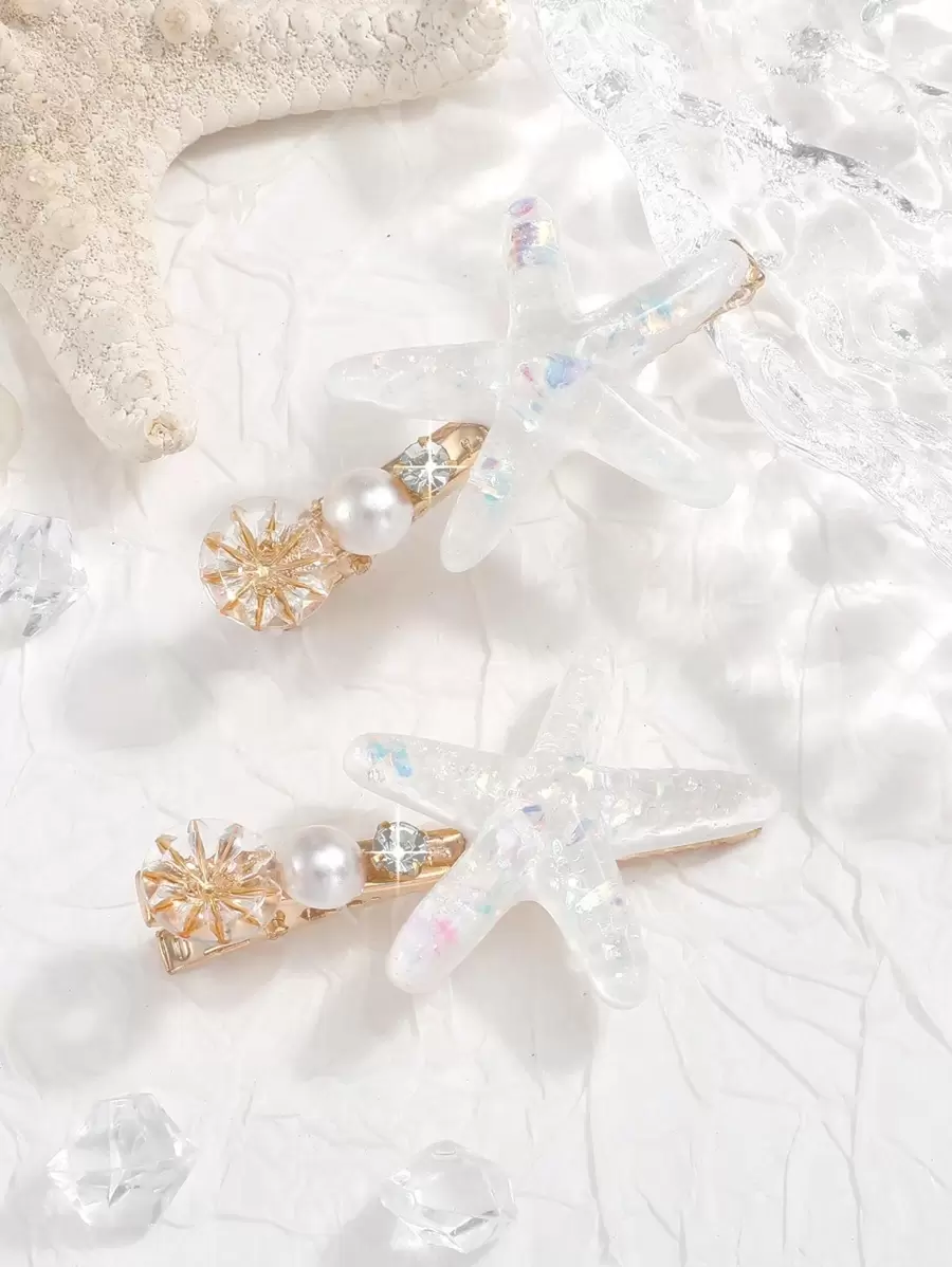 Frauen 2 Stücke Haarklammer mit Seestern & Kunstperle Dekor, Süßer Stil für Täglich