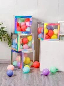 1pc Letter Graphic Transparent Balloon Box, Paper Silver Balloon Decorative Box For Household - Silver - View 3