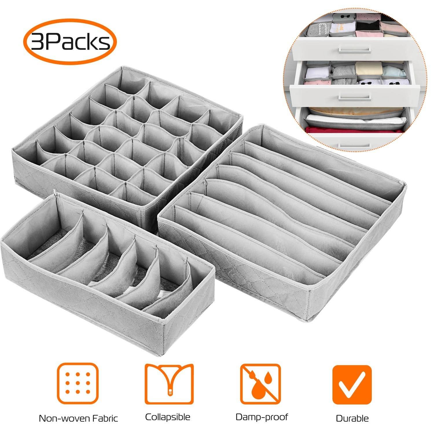 3 Pack Sock Organizer Box Foldable Damp Proof Storage Drawers Multi ...