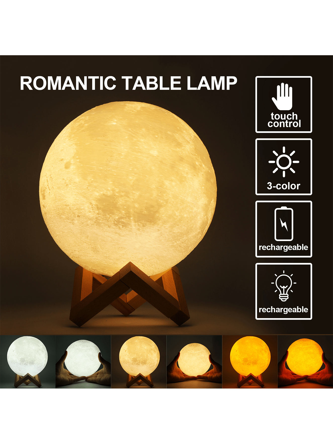 3D USB LED Night Lunar Light Printing Moon Lamp Moonlight Touch 3 Color Changing,USB Rechargeable, Moon Light Lamps for kids friends Lover Birthday Gifts - 彩色 - 查看 2