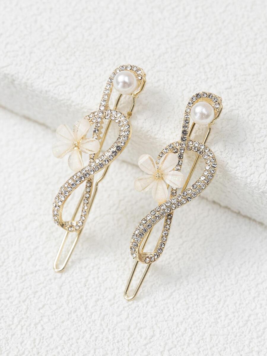 2 cái Phụ nữ Flower & Rhinestone & Faux Pearl Trang trí Kẹp tóc quyến rũ để trang trí - Vàng - Xem 1
