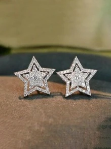 方晶鋯石星形裝飾耳釘 - 銀色 - 查看 2