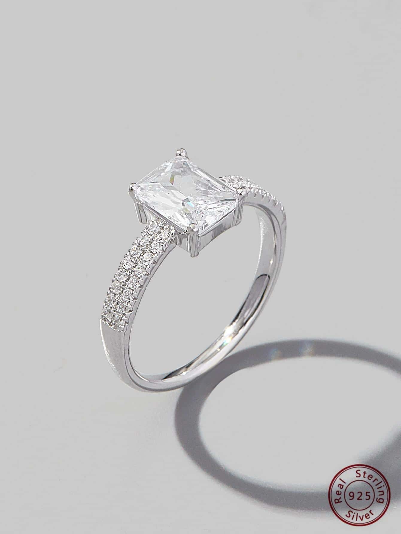 Vaerine 1pc Fashionable & Elegant Classic 925 Sterling Silver Double Row Micro-Inlaid Rectangular Main Stone Couple Ring, Engagement, Party, Date Gift, Enhances Charm