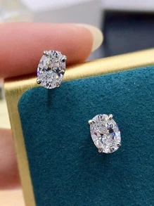 1 Pair Elegant Cubic Zirconia Stud Earrings, Suitable For Women, Ideal For Weddings, Engagements, Anniversaries, Parties, Valentine's Day And Other Occasions - Silver - View 3