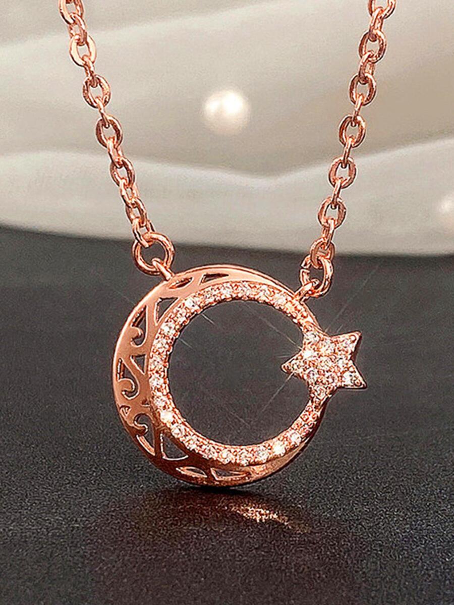 1 件时尚方晶锆石项链吊坠女士情人节礼物婚礼订婚周年派对珠宝 - 玫瑰金 - 查看 1