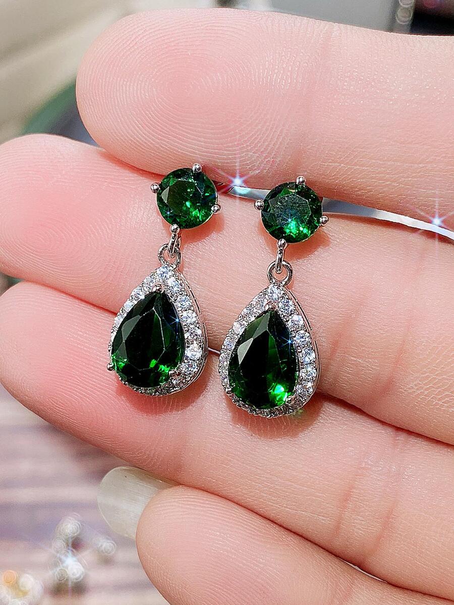 1 Cặp Hoa tai thả Cubic Zirconia tuyệt đẹp dành cho phụ nữ dùng làm đồ trang sức dự tiệc kỷ niệm ngày cưới đính hôn Quà tặng ngày lễ tình nhân - màu xanh lá - Xem 1