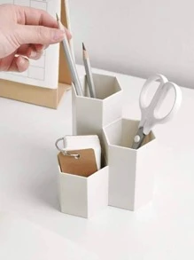 1pc Solid Color Hexagon Design Pen Holder, Simple Multi-Grid Desktop Stationery Storage Box For Office, Student Stationery Storage,Back To School,School Supplies - White - View 1